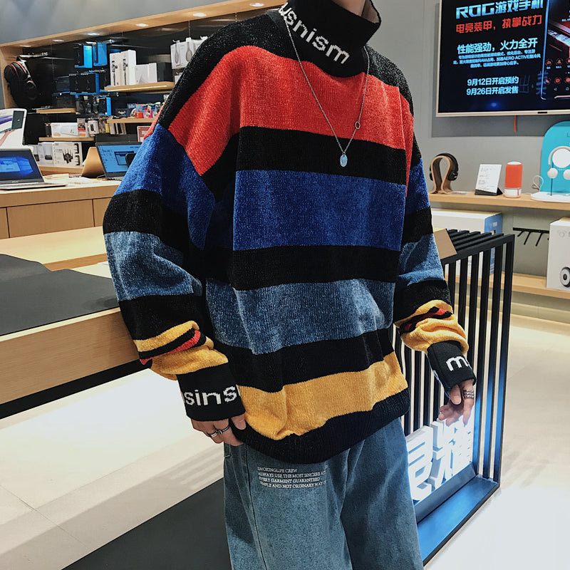 YASUGUOJI Preppy Style Fashion Striped Contrast Color Mens Sweaters Letter Casual Loose Turtleneck Men Knitted Pullovers Sweater