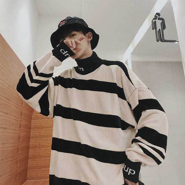 YASUGUOJI Preppy Style Fashion Striped Contrast Color Mens Sweaters Letter Casual Loose Turtleneck Men Knitted Pullovers Sweater