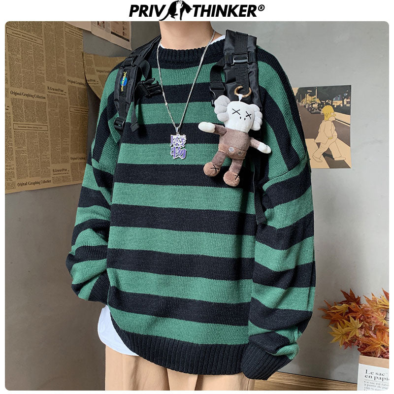 Privathinker Men Striped Casual Knitted Sweater Men's Korean Collage Autumn Pullover Tops Male O-Neck Oversize Sweater Fashions
