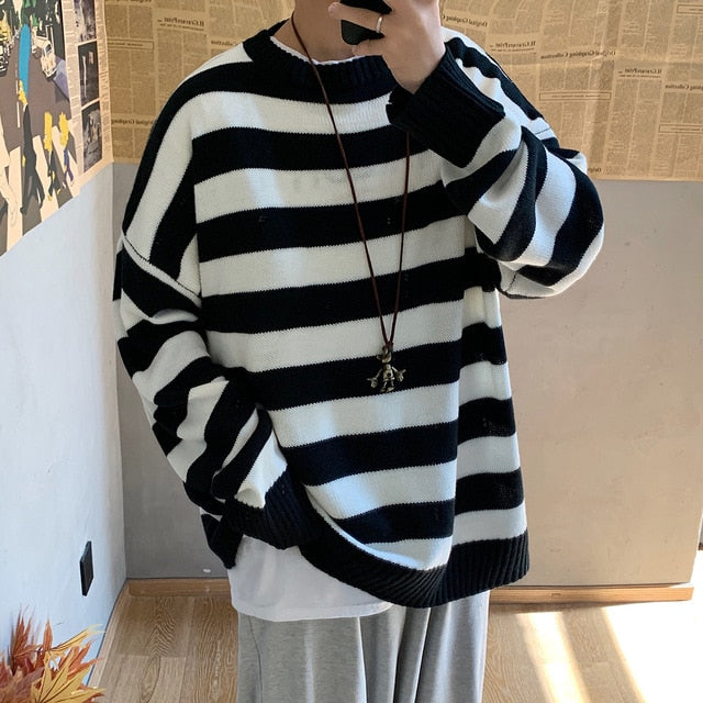 Privathinker Men Striped Casual Knitted Sweater Men's Korean Collage Autumn Pullover Tops Male O-Neck Oversize Sweater Fashions