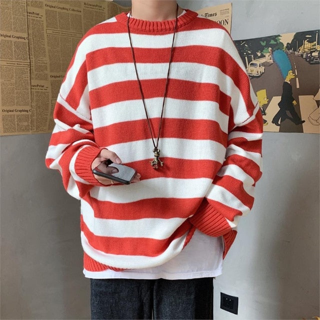 Privathinker Men Striped Casual Knitted Sweater Men's Korean Collage Autumn Pullover Tops Male O-Neck Oversize Sweater Fashions