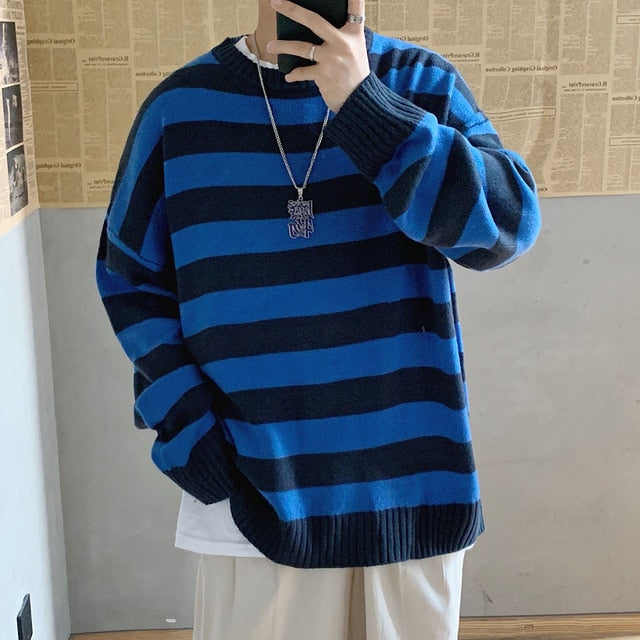 Privathinker Men Striped Casual Knitted Sweater Men's Korean Collage Autumn Pullover Tops Male O-Neck Oversize Sweater Fashions