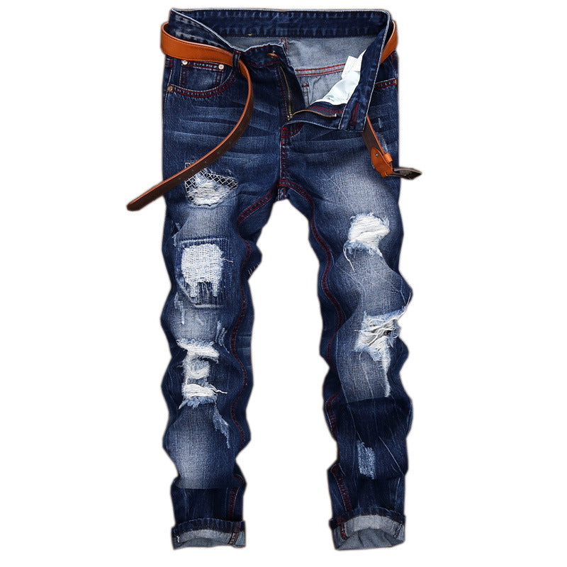 Original brand jeans men Fashion hole straight Slim jeans personality moustache effect Men Designer Destroyed Ripped Jeans