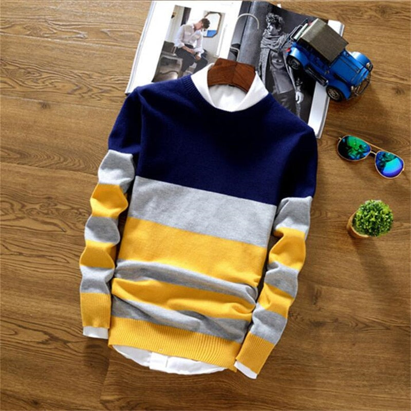 Men's Autumn Fashion Casual crocheted striped Color Block thin Knitwear Jumper Pullover Sweater men masculino jersey clothes