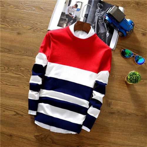 Men's Autumn Fashion Casual crocheted striped Color Block thin Knitwear Jumper Pullover Sweater men masculino jersey clothes