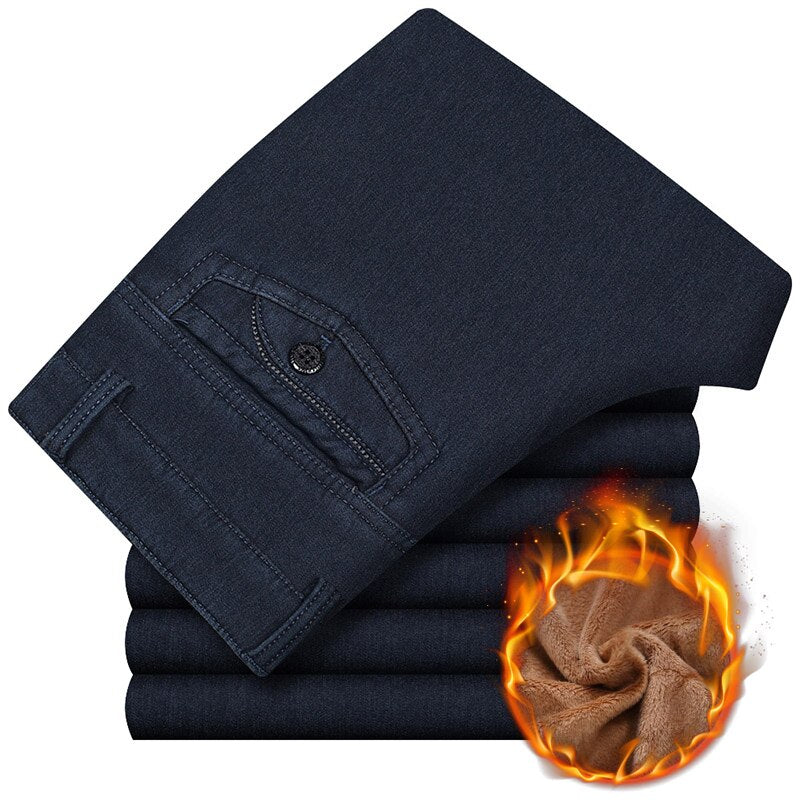 2019 New Classic Business Jeans For Men Winter Warm Fleece Thickening Black Pants Mens Casual Straight Slim Trousers Male WFY02