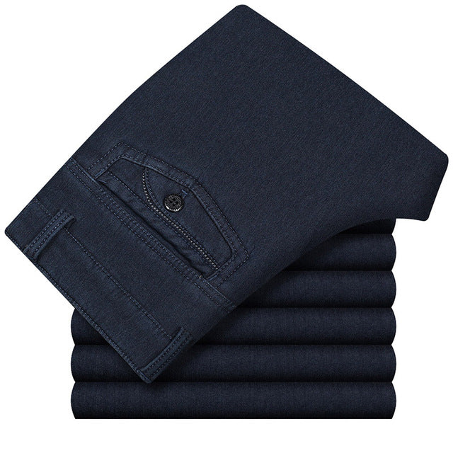2019 New Classic Business Jeans For Men Winter Warm Fleece Thickening Black Pants Mens Casual Straight Slim Trousers Male WFY02