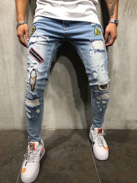 BDLJ 2019 Men Stylish Ripped Jeans Pants Biker Skinny Slim Straight Frayed Denim Trousers Fashion Skinny Jeans Men Clothes AB03