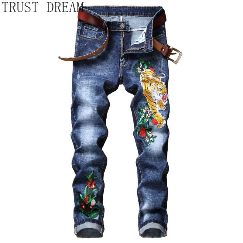 Europeans Style 2019 Man Stretch Jeans Slim Embroidery Pants Tiger Flower Stonewashed Trousers Man Casual Streetwear Cool Jean
