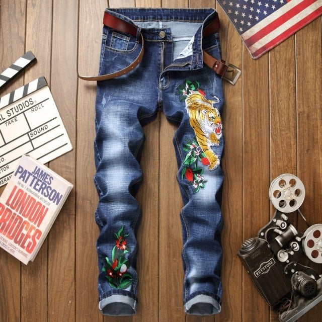 Europeans Style 2019 Man Stretch Jeans Slim Embroidery Pants Tiger Flower Stonewashed Trousers Man Casual Streetwear Cool Jean