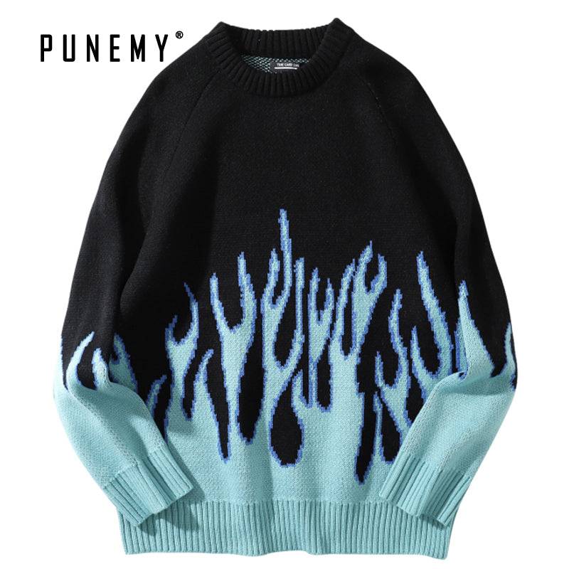 Sweater Men Streetwear Retro Flame Pattern Hip Hop Autumn New Pull Over Spandex O-neck Oversize Couple Casual Men's Sweaters
