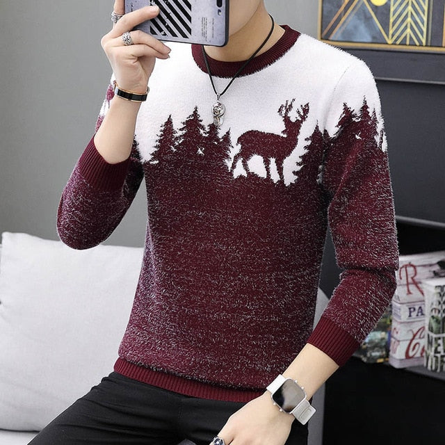 2020 Spring Korean Fashion Sweater Men Female Sika Deer Pattern Casual Knitted Pullover Slim Fit Christmas Gift Male Pull Sweter