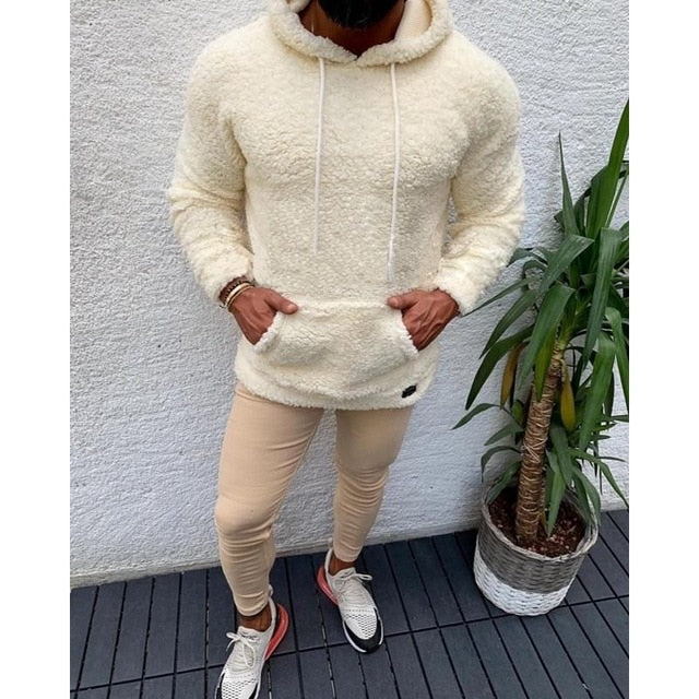 Winter Hooded Sherpa Sweater Big Pocket Teddy Fleece Fluffy Pullovers Men's Plus Size Warm Fleece Tops Streetwear