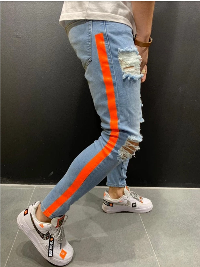 Men Stretchy Ripped Skinny Biker Side Striped Print Jeans Destroyed Hole Taped Slim Fit Denim Scratched High Quality Jean