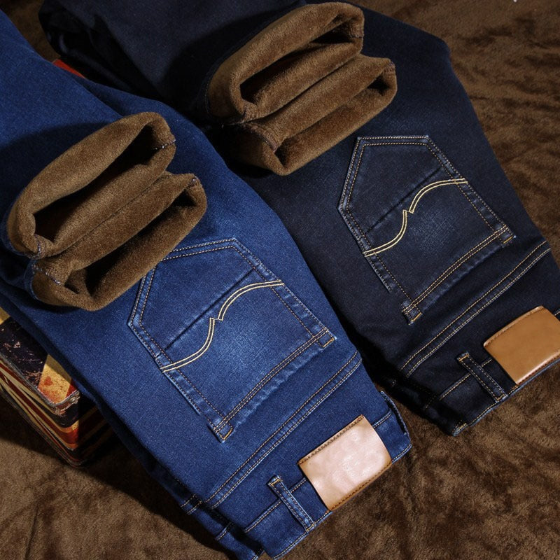 2019 Mens Winter Thicken Fleece Jeans Stretch Denim Warm Jeans For Men Designer Brand Long Pants Jean Black/Blue 28-40