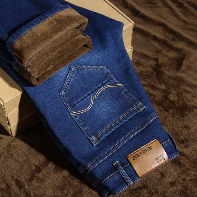 2019 Mens Winter Thicken Fleece Jeans Stretch Denim Warm Jeans For Men Designer Brand Long Pants Jean Black/Blue 28-40