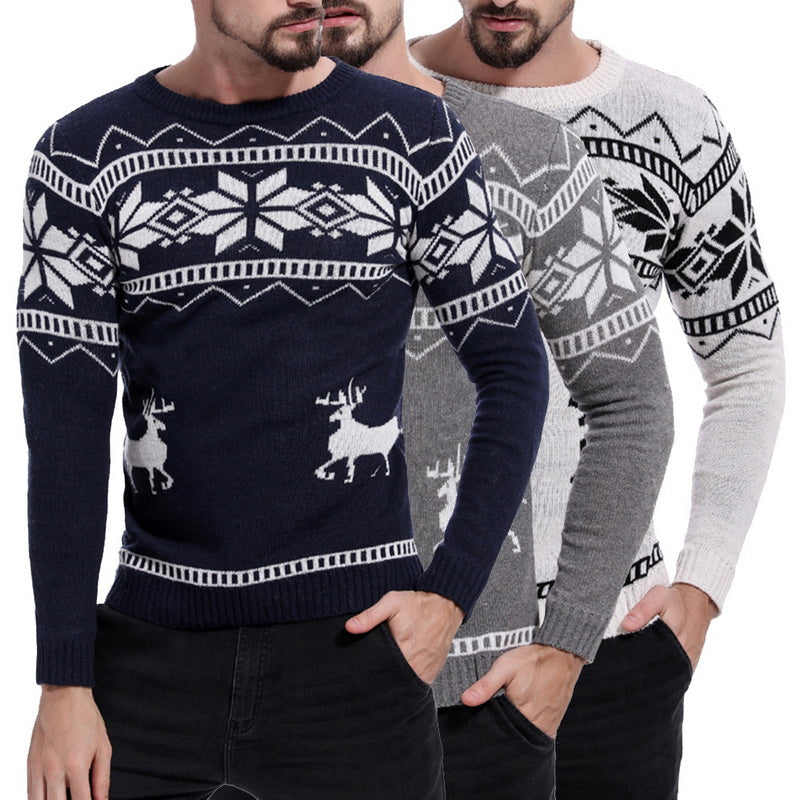 Mens Causal O Neck Sweater Deer Printed Autumn Winter Christmas Pullover Knitted Jumper Sweaters Slim Fit Male Clothes