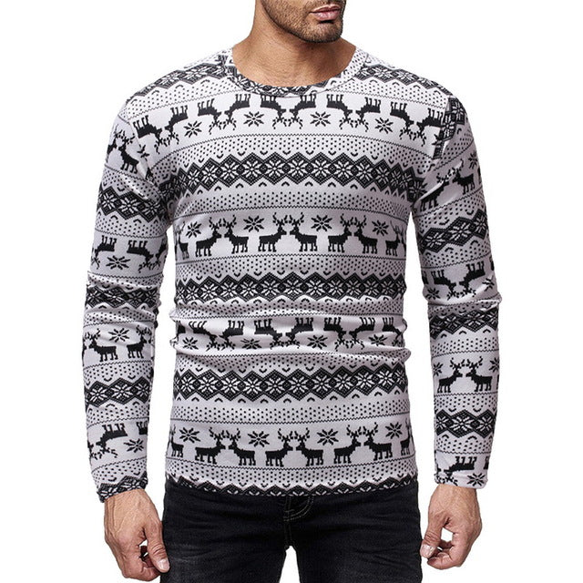 Mens Causal O Neck Sweater Deer Printed Autumn Winter Christmas Pullover Knitted Jumper Sweaters Slim Fit Male Clothes
