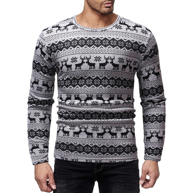 Mens Causal O Neck Sweater Deer Printed Autumn Winter Christmas Pullover Knitted Jumper Sweaters Slim Fit Male Clothes