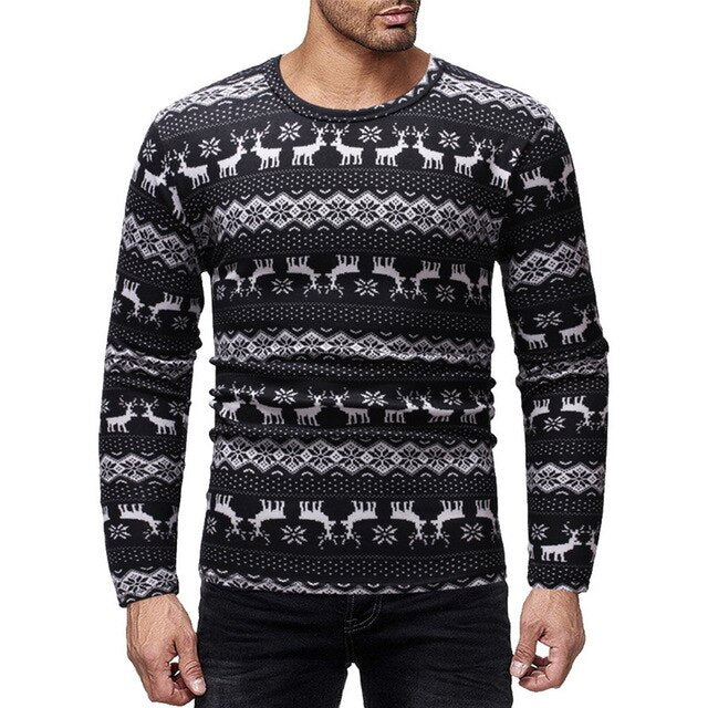 Mens Causal O Neck Sweater Deer Printed Autumn Winter Christmas Pullover Knitted Jumper Sweaters Slim Fit Male Clothes