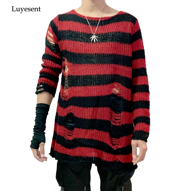 Punk Gothic Cool Male Striped Long Sweater Man Stretch Thin Pullover Broken Sweaters Hollow Out Slit Knitted Top Jumpers 2020