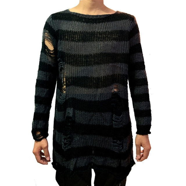 Punk Gothic Cool Male Striped Long Sweater Man Stretch Thin Pullover Broken Sweaters Hollow Out Slit Knitted Top Jumpers 2020