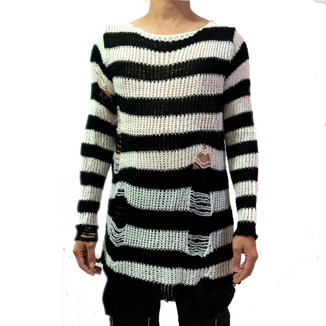 Punk Gothic Cool Male Striped Long Sweater Man Stretch Thin Pullover Broken Sweaters Hollow Out Slit Knitted Top Jumpers 2020