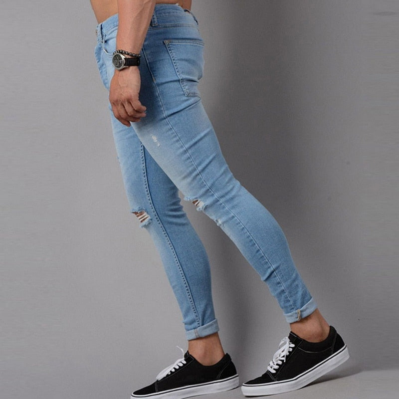 Skinny Blue Jeans Men Autumn Vintage Denim Pencil Pants Casual Stretch Trousers 2019 Sexy Hole Ripped Male Zipper Jeans