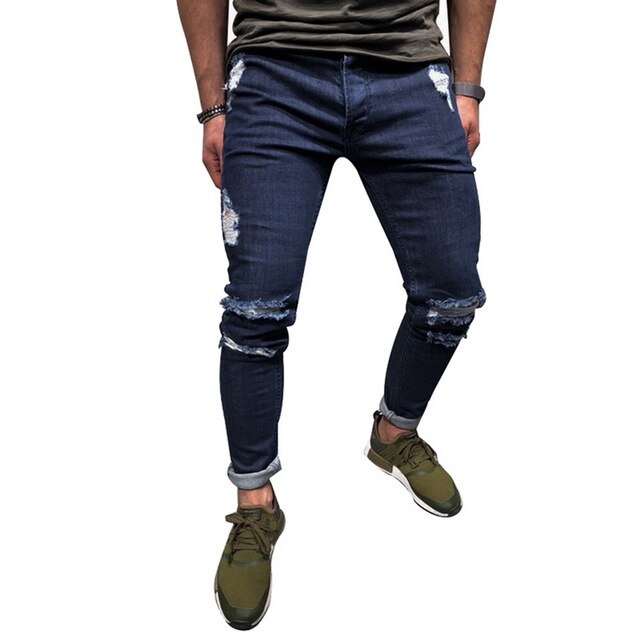 Skinny Blue Jeans Men Autumn Vintage Denim Pencil Pants Casual Stretch Trousers 2019 Sexy Hole Ripped Male Zipper Jeans