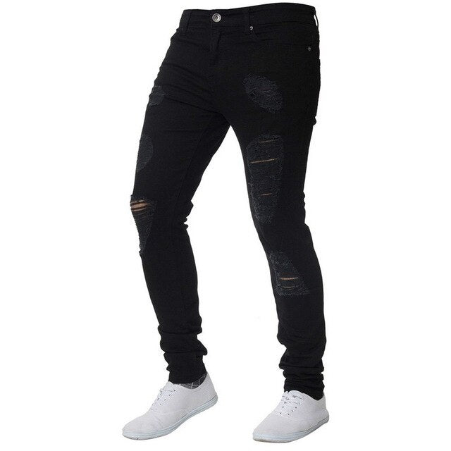 Skinny Blue Jeans Men Autumn Vintage Denim Pencil Pants Casual Stretch Trousers 2019 Sexy Hole Ripped Male Zipper Jeans