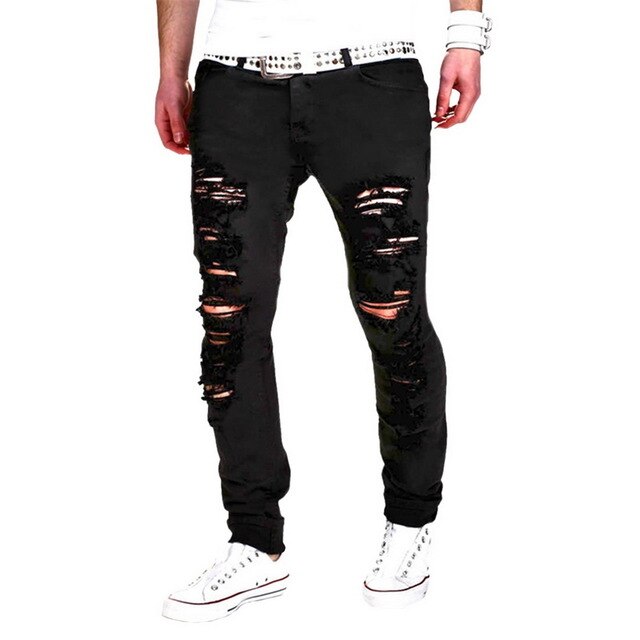 Skinny Blue Jeans Men Autumn Vintage Denim Pencil Pants Casual Stretch Trousers 2019 Sexy Hole Ripped Male Zipper Jeans