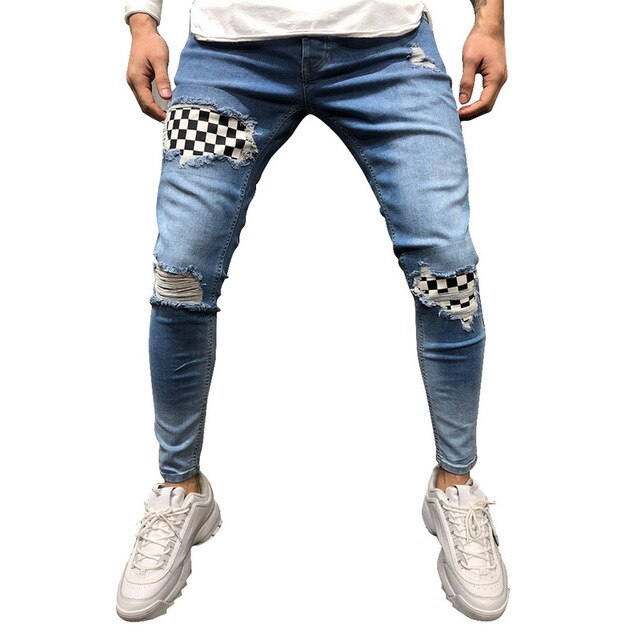 Skinny Blue Jeans Men Autumn Vintage Denim Pencil Pants Casual Stretch Trousers 2019 Sexy Hole Ripped Male Zipper Jeans