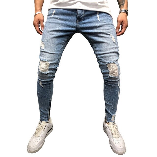 Skinny Blue Jeans Men Autumn Vintage Denim Pencil Pants Casual Stretch Trousers 2019 Sexy Hole Ripped Male Zipper Jeans