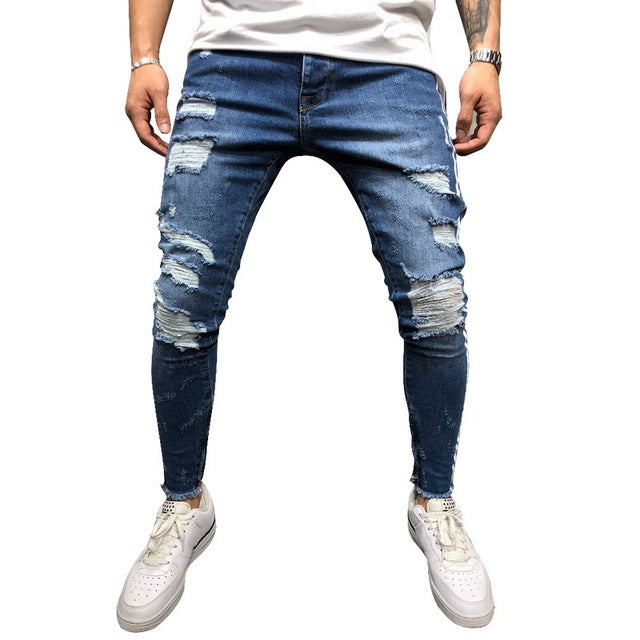 Skinny Blue Jeans Men Autumn Vintage Denim Pencil Pants Casual Stretch Trousers 2019 Sexy Hole Ripped Male Zipper Jeans