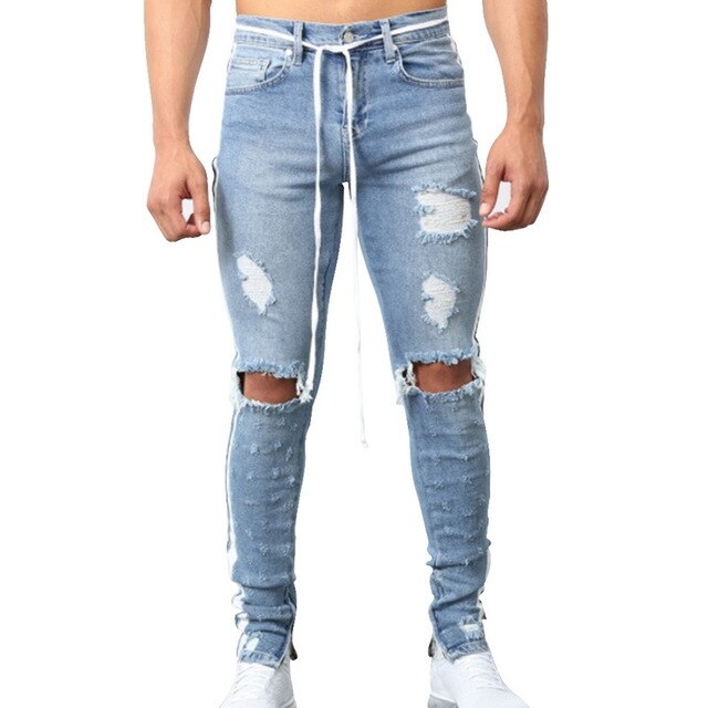 Skinny Blue Jeans Men Autumn Vintage Denim Pencil Pants Casual Stretch Trousers 2019 Sexy Hole Ripped Male Zipper Jeans