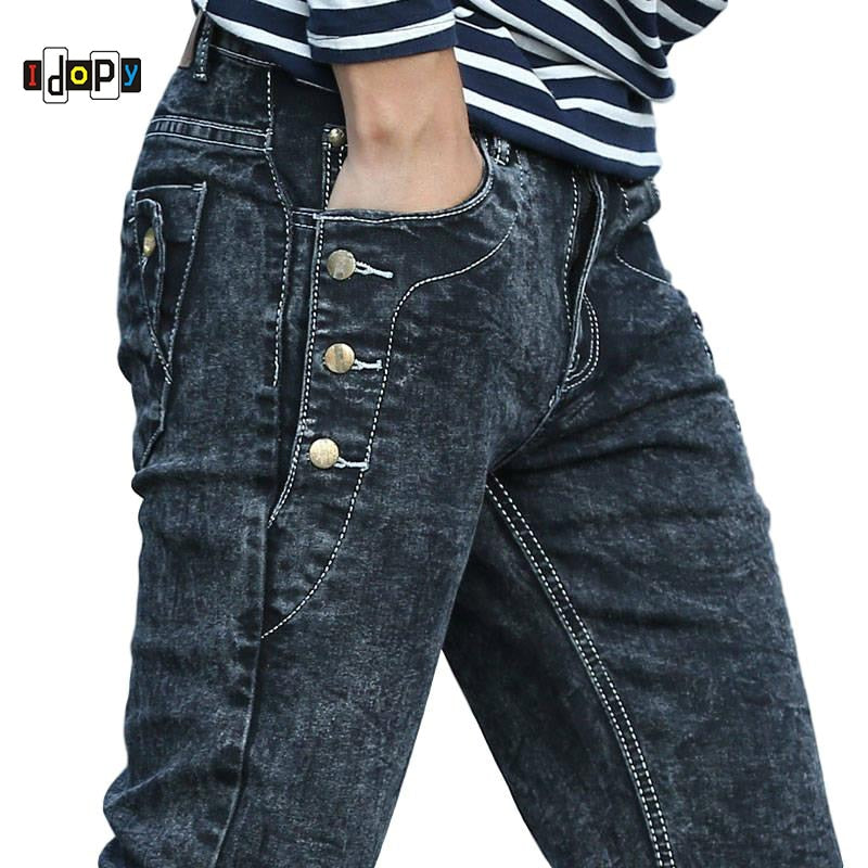 Idopy New Skinny Jeans Men Buttons Stretchy Elastic Korean Men Jeans Casual Slim Fit Black Hip Hop Denim Pants Men Trousers