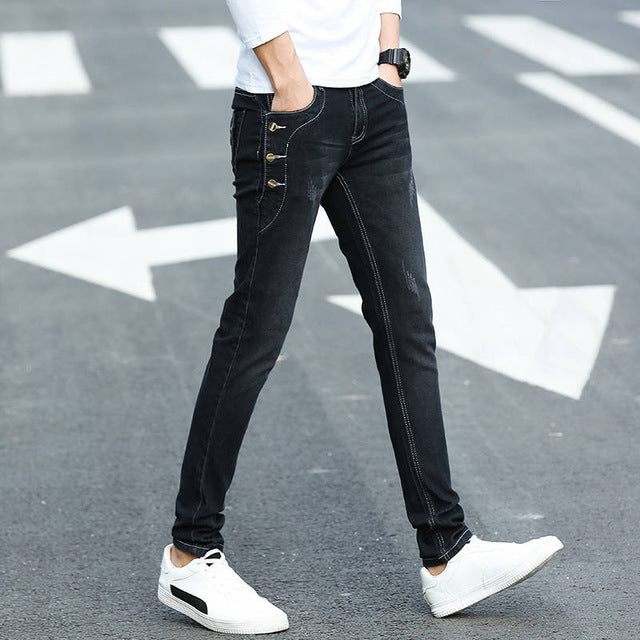 Idopy New Skinny Jeans Men Buttons Stretchy Elastic Korean Men Jeans Casual Slim Fit Black Hip Hop Denim Pants Men Trousers