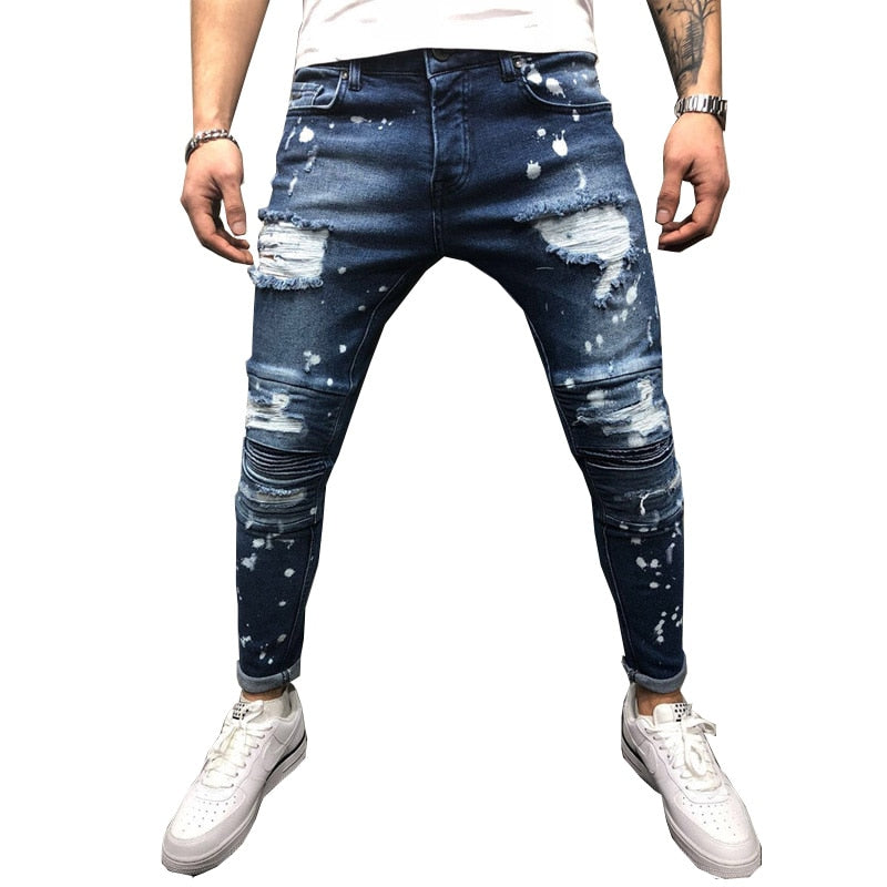 Men Jeans Stretch Destroyed Ripped Paint point Design Fashion Ankle Zipper Skinny Jeans For Men