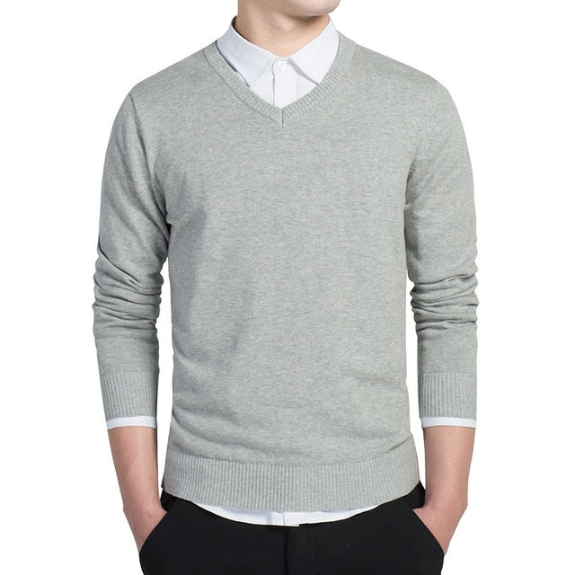 V-neck Knitted Sweaters 2018 Autumn Fashion Casual Men Sweaters Pullover Slim Fit Cotton Solid Men Pullover Plus Size M-3XL