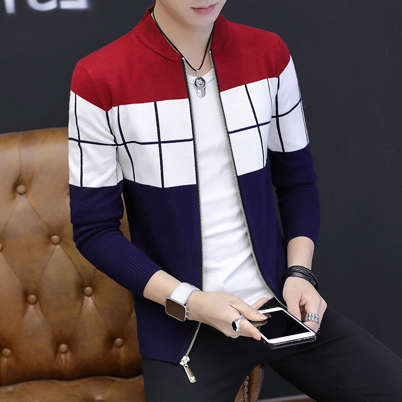 autumn of 2019 men's new zipper cardigan sweater Joker color matching cultivate one's morality sweater